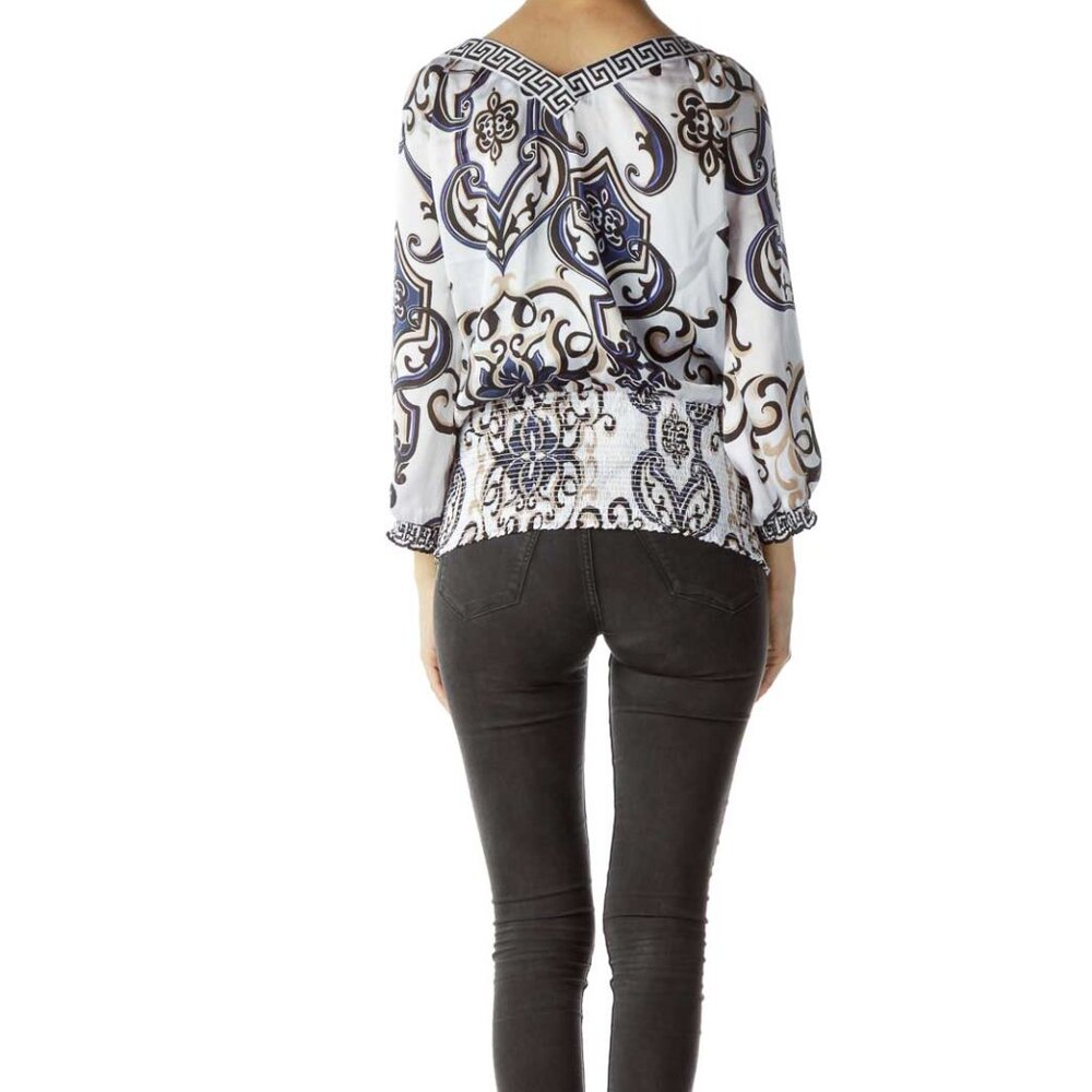 White House Black Market Cream Printed 3/4 Sleeve Ruched Blouse - Picture 3 of 3